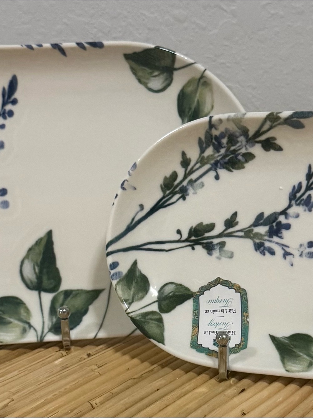Set of 2 - INTESA HOME  Turkey Blue Botanical Wildflowers Porcelain Oval Trays